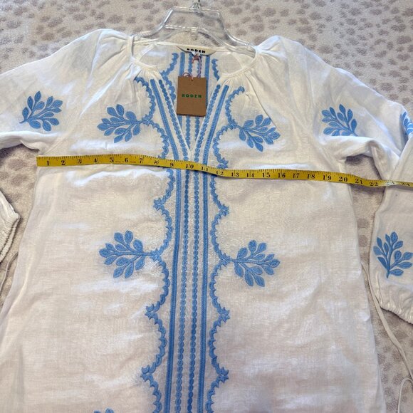 BODEN White Linen Belted Midi Dress with Blue Embroidery US size 8P (UK 12P) - Picture 11 of 16